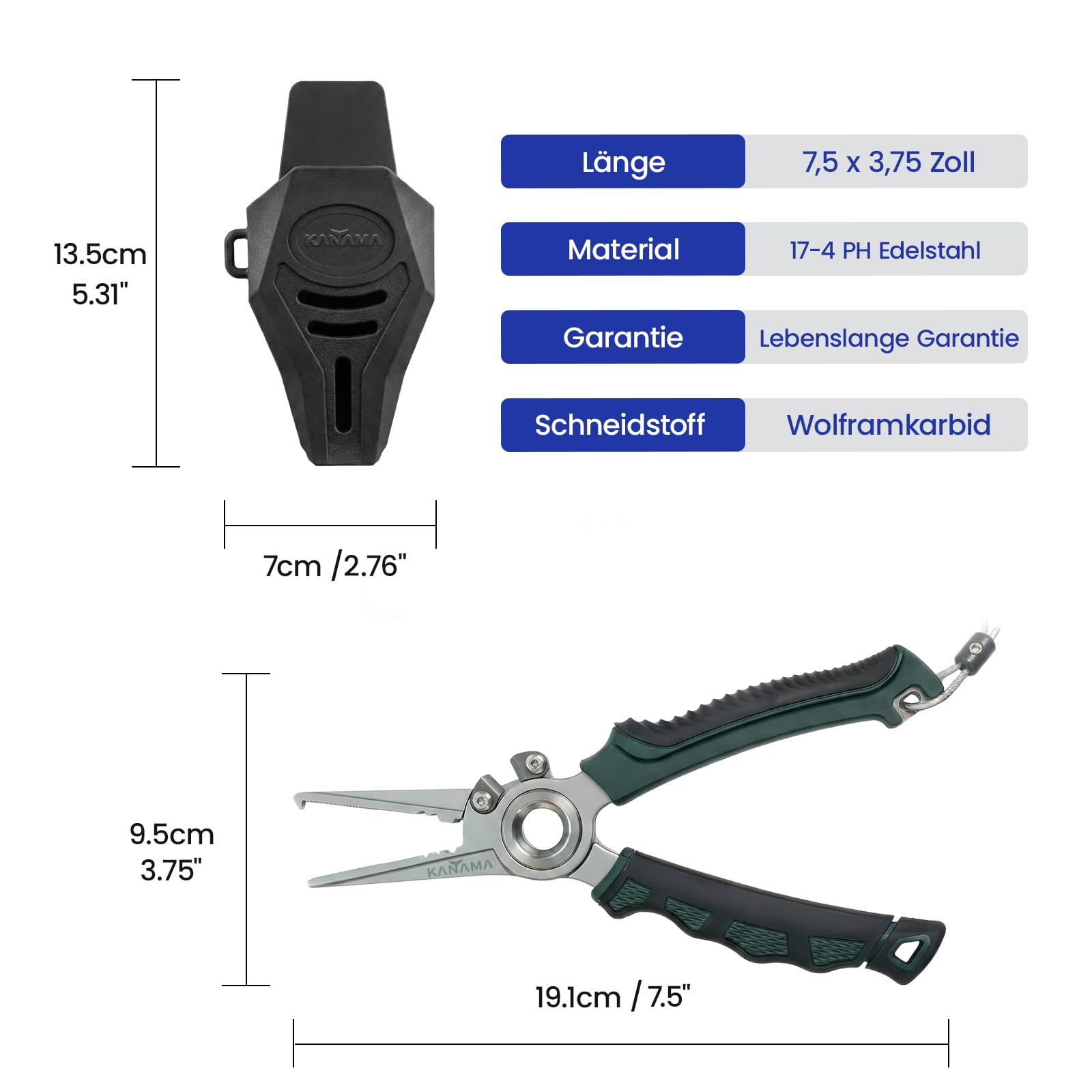 KANAMA Pince de Pêche en Acier Inoxydable 17-4, Pince Pêche en Mer Antirouille 19 cm avec Ouvre-Anneau Brisé, Dégorgeoir et Coupe-Tresse en Carbure de Tungstène, Idée Cadeau Pêche Homme