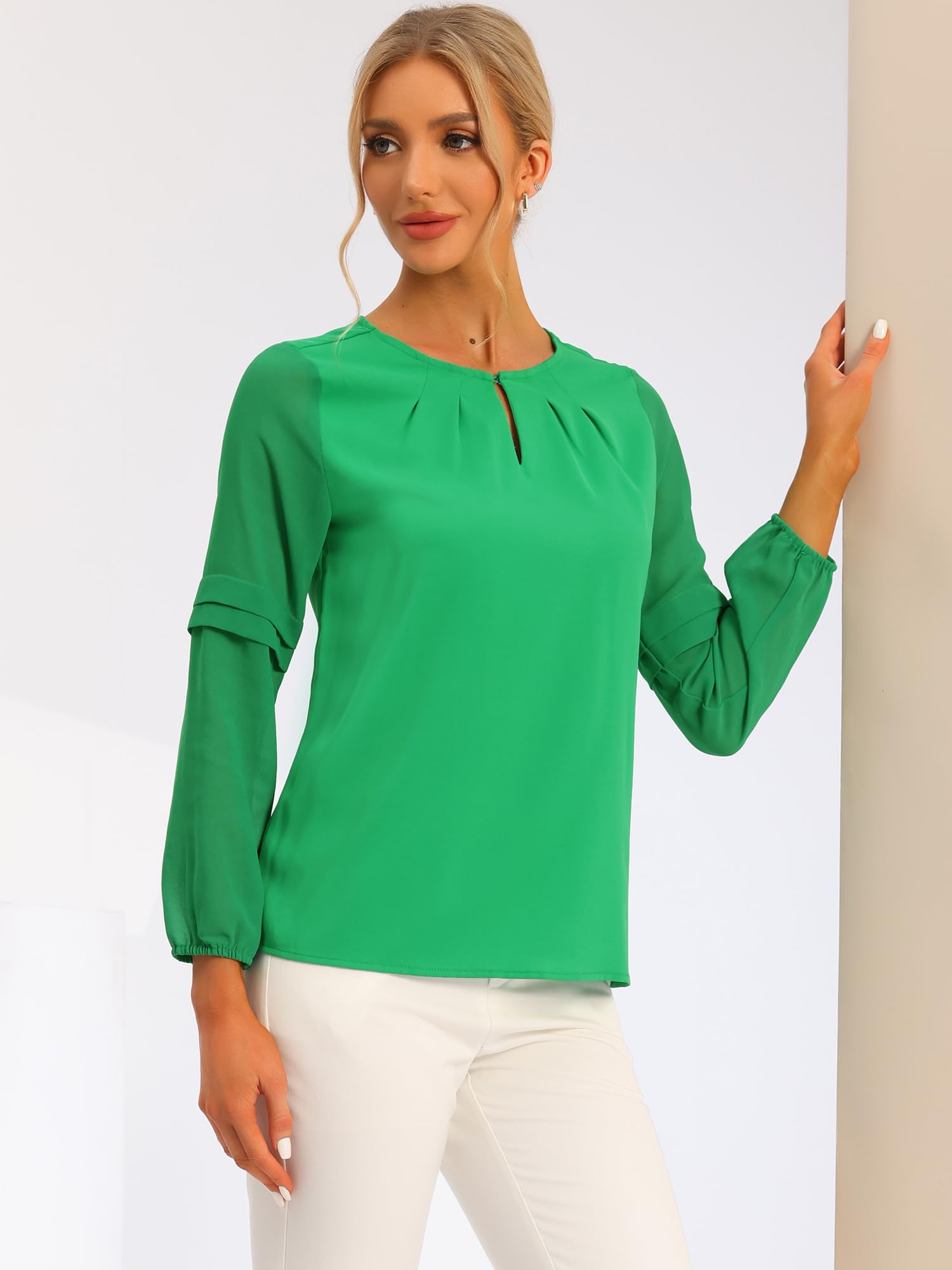 Allegra K Camicetta da lavoro da donna in chiffon, semi trasparente, con scollo a serratura, elegante