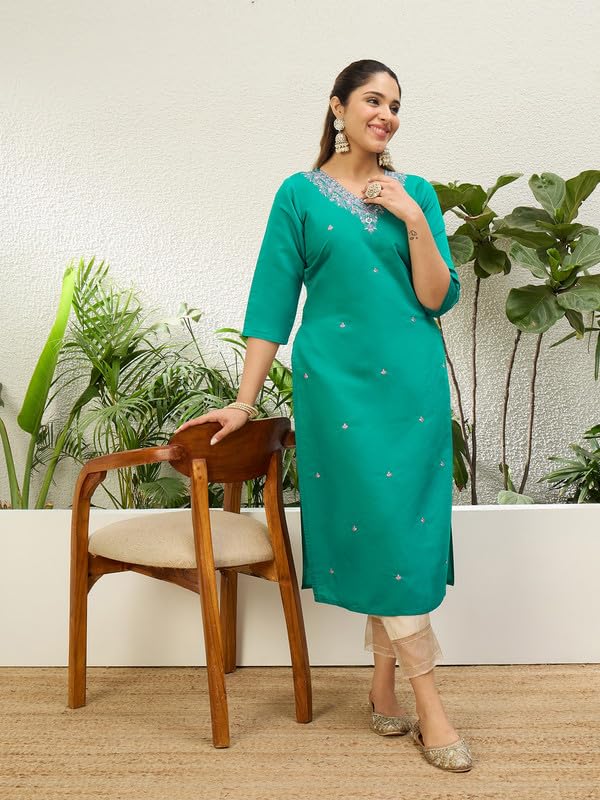 Image of Women's Silk Blend Embroidery Straight Kurta | Ethnic Kurtas for Women | Kurtis for Women Festive, Casual Office Wear Ethnic Kurta for Women