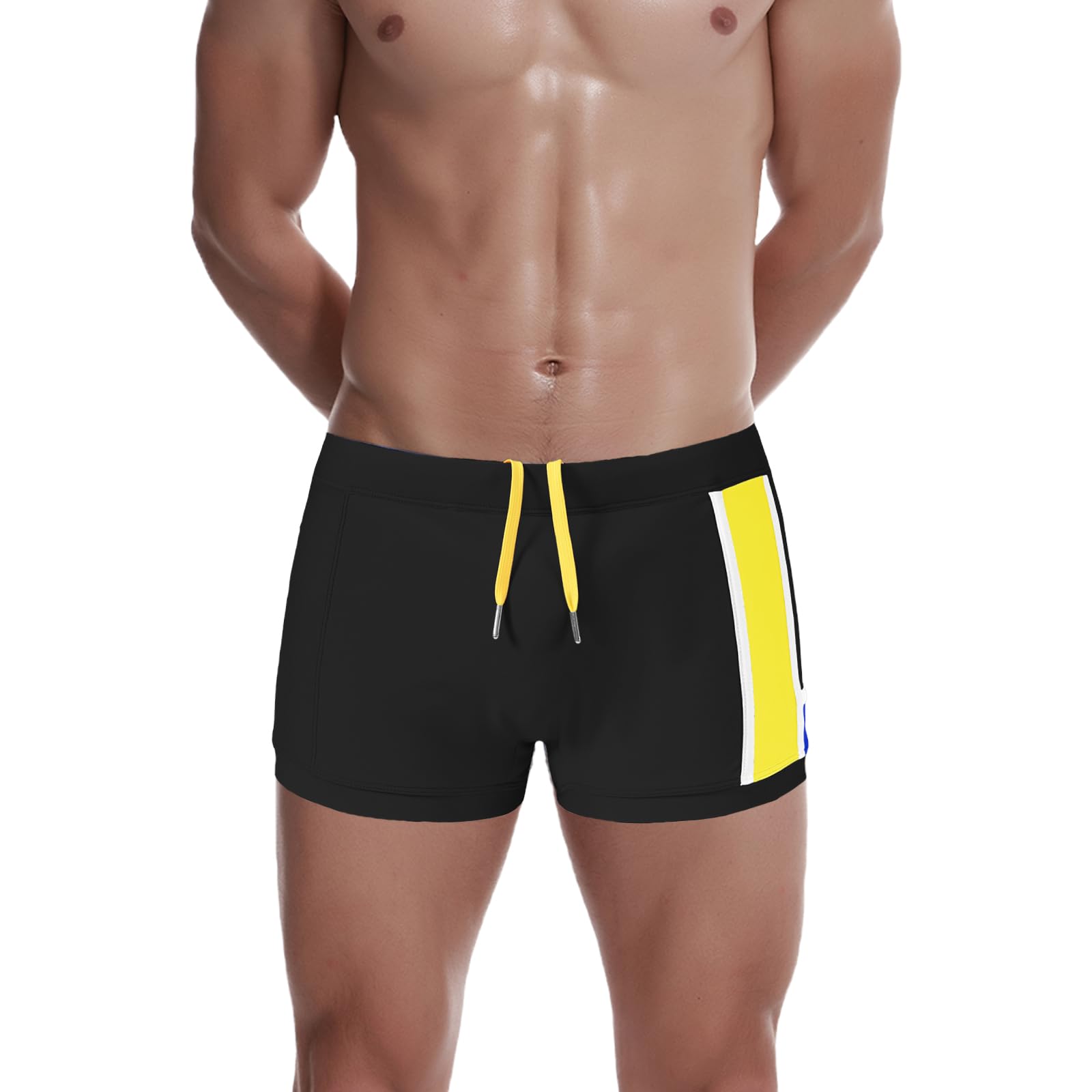 JINSHI Men’s Swimwear Solid Basic Long Swim Sport Trunks with Adjustable Drawstring Square Leg Board Shorts S M L XL 2XL