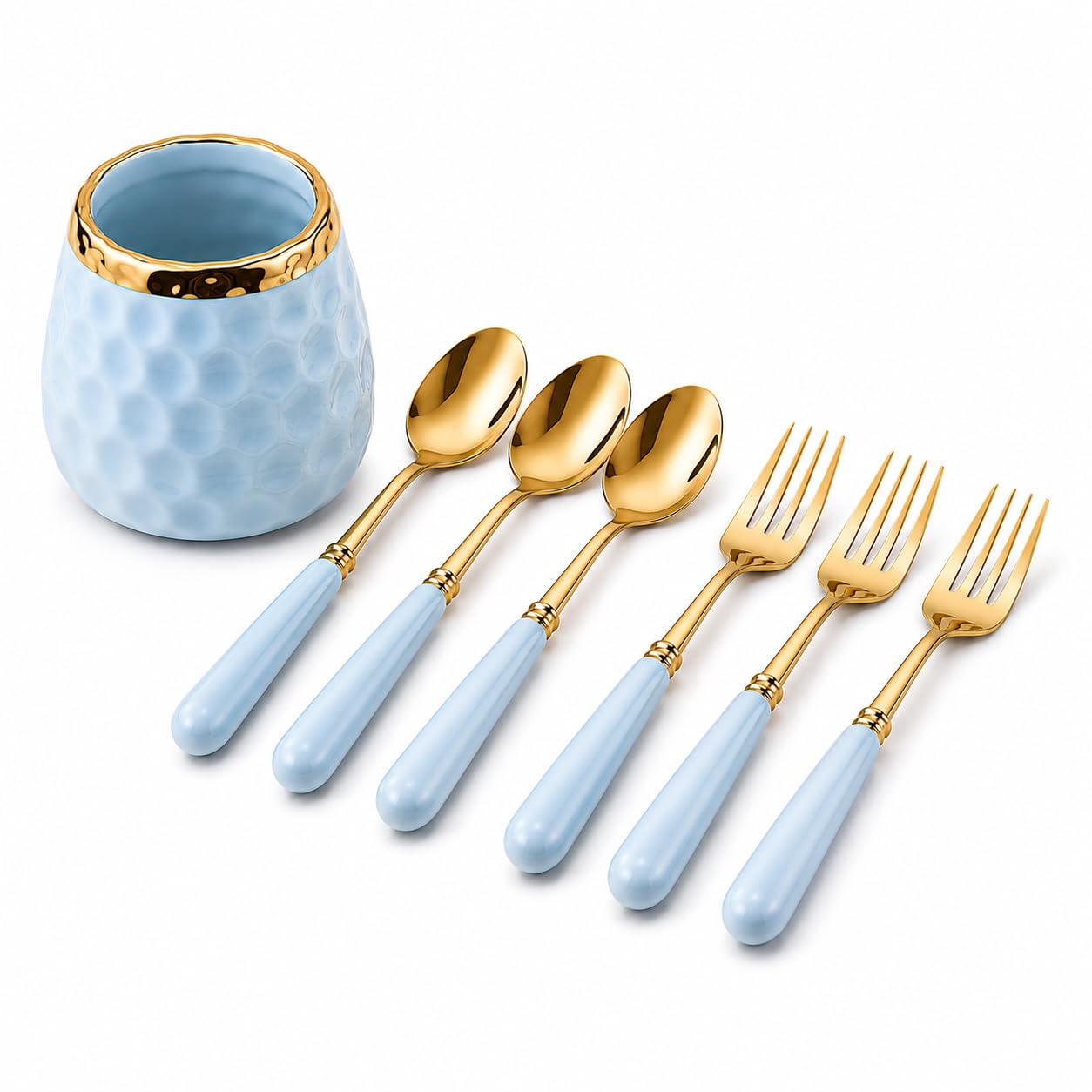 Premium Dessert Spoon & Fork Set with Ceramic Holder | 6 Pcs Gold Stainless Steel Cutlery Set | Tea Coffee Spoon, Fruit & Cheese Fork Set | Luxury Tableware for Home & Gifting (Blue and Golden)