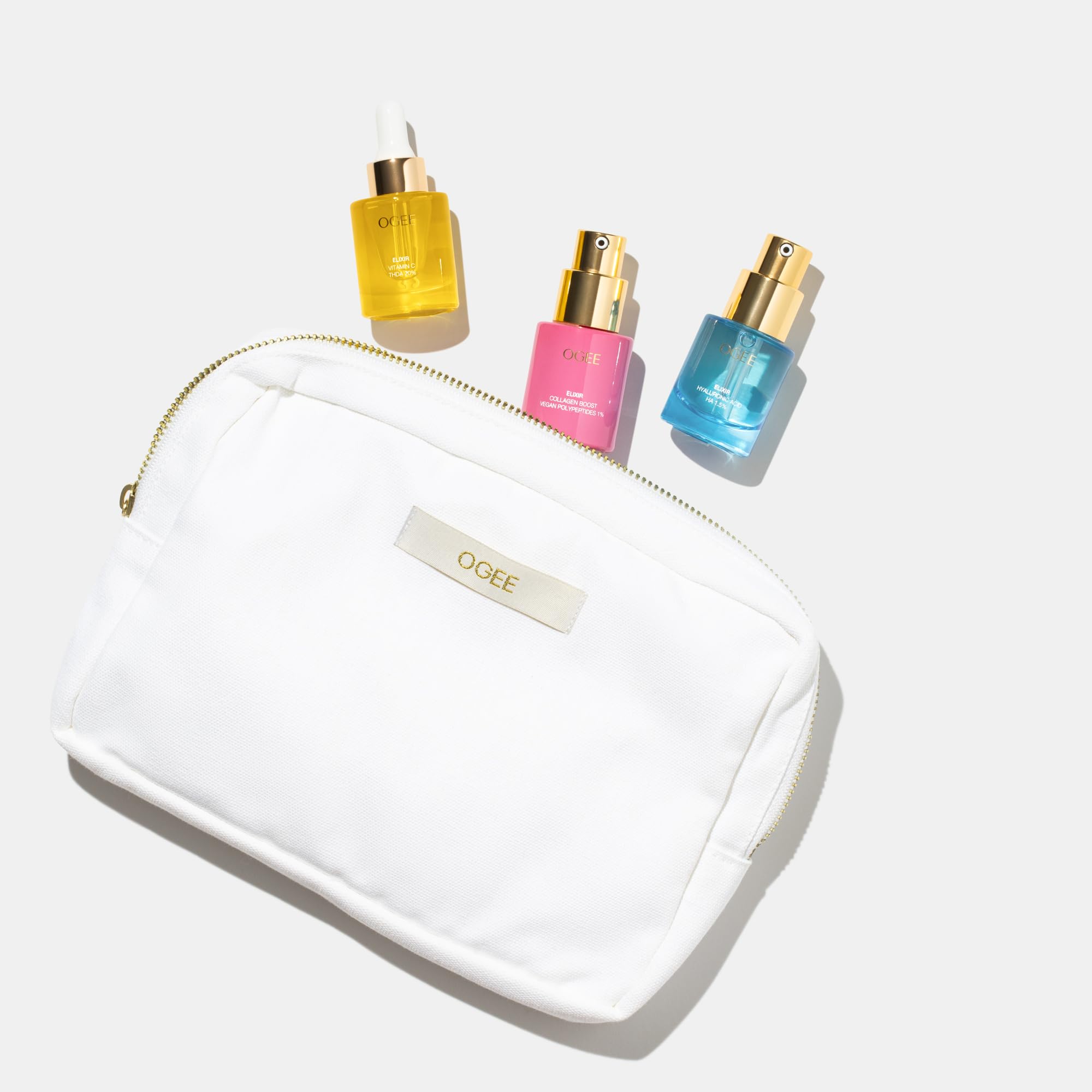 Ogee - Elixir Trio - Retinol Alternative Collagen 1% Elixir, Vitamin C THDA 20% Elixir & Hyaluronic Acid HA 1.5% Elixir with Organic Cotton Beauty Bag