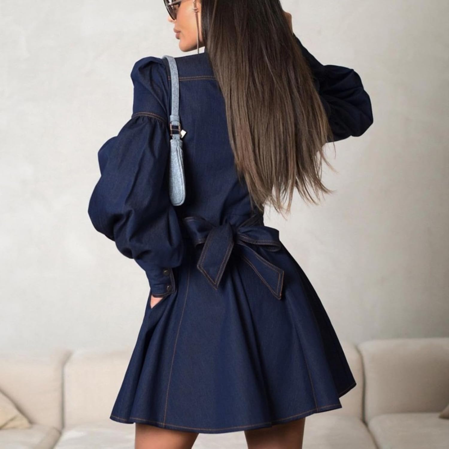 Denim Shirt Dress Niche Design Sense Lantern Sleeve lace-up Temperament Fashion Dress Lady - Image 3