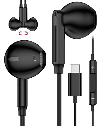 Wired Earbuds USB C for iPhone 17e 16e 17 Air 16 Pro Max 15 | Black | Type C Corded Earphones, Earpods Cable with Mic, USB C Wired Headphones for Samsung Galaxy S26 S25 S24 Ultra S23, Pixel 10 9