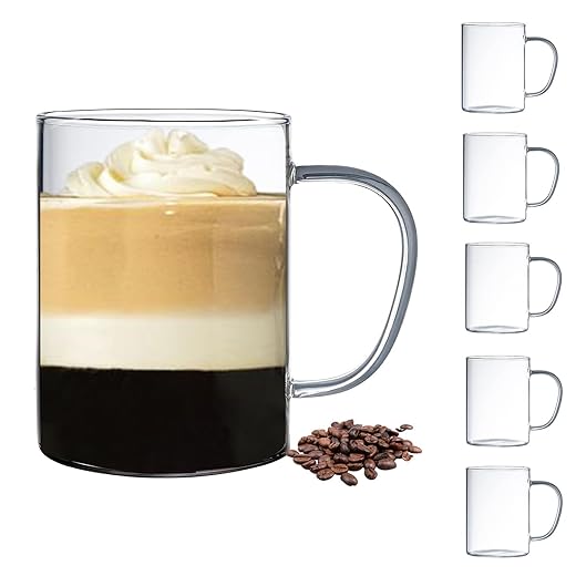 BOQO 16oz Glass Coffee Cups Set of 6,Double Walled Insulated Drinking Glass Coffee Mugs with Handle,Perfect for Latte, Cappuccinos, Tea Bag, Juice (480ml Water Glasses)…