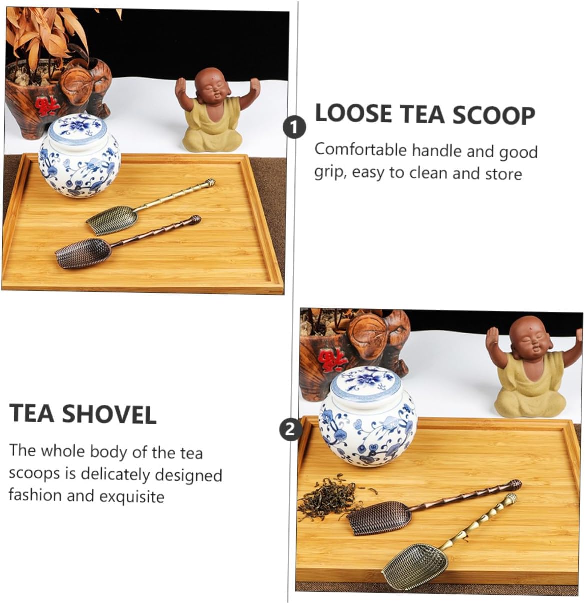2Pcs Metal Tea Scoops with Long Handle Sieve Design Tea Shovels for Loose Leaf Tea and Tea Spoons Antique and Colors