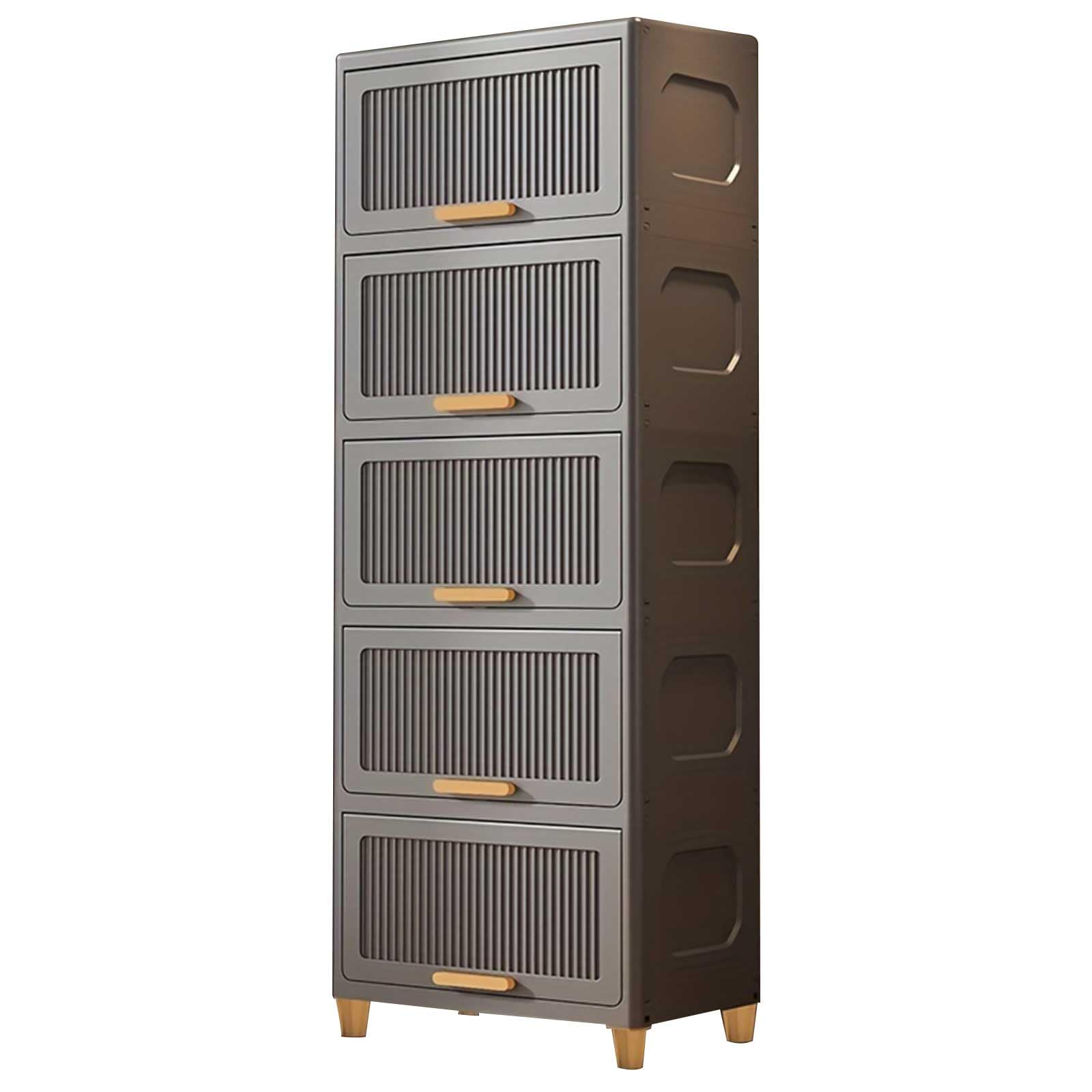 Refein Plastic Storage Boxes with Lid - 30L*5 Stackable Storage Boxes on Wheels Foldable Plastic Drawers Collapsible Baskets Containers for Living Room Bedroom Organisation (5 Tier Grey)