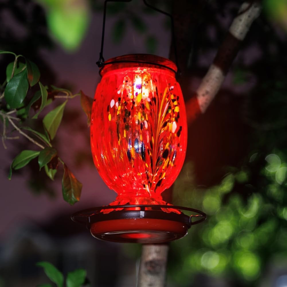 Solar Hummingbird Feeder for Outdoors Hanging Patio Designed 32 Ounces Colorful Hand Blown Glass Hummingbird Feeder 5 Feeding Ports with Perch Never Leak (Red) - Image 9