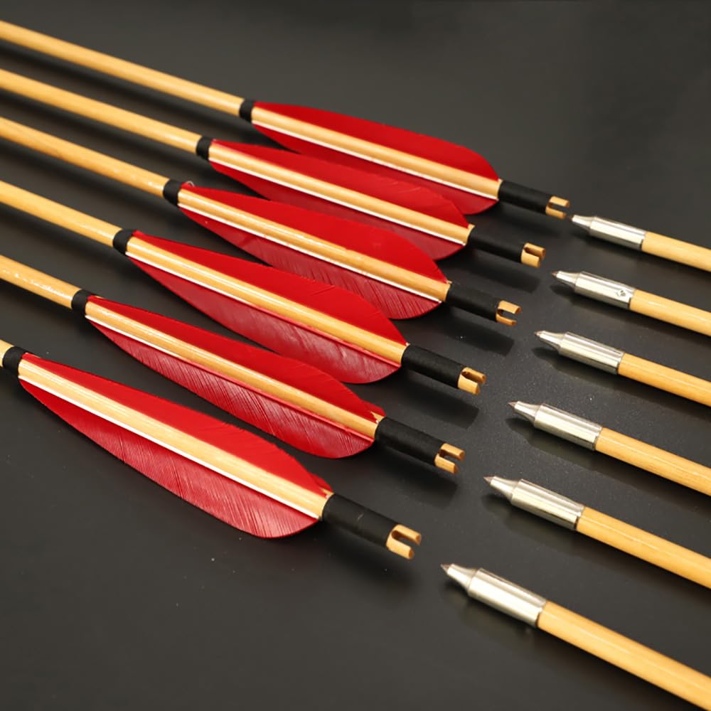 12 Pezzi OD 8 mm Freccia di Legno 5 Pollici Rosso Forma della Goccia Piuma di Tacchino, 82 cm di Lunghezza per Arco e Freccia Tiro con L'Arco Pratica e Caccia