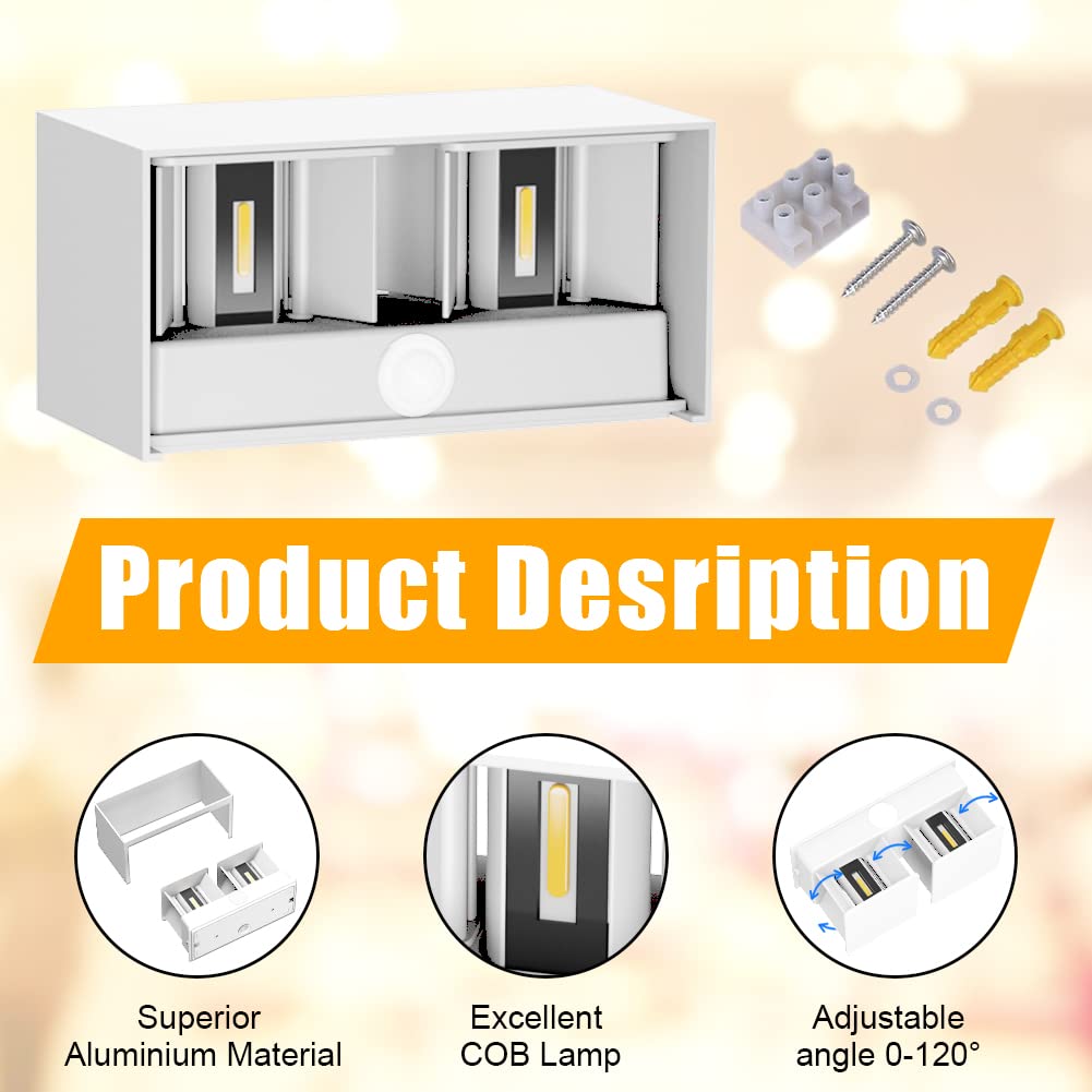 Klighten Lampada da esterno, 24W Applique da Parete con sensore di movimento per luci esterni/interni Lampada da parete con fascio regolabile IP65 Impermeabile 3000K,Bianca