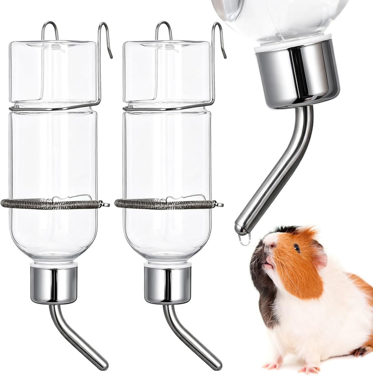 Dispensador de botella de agua para animales pequeños de 2 piezas, dispensador de agua para mascotas de plástico transparente de acero inoxidable de 350 ml, alimentador de fuente para conejo, hámster, cobaya, hurón
