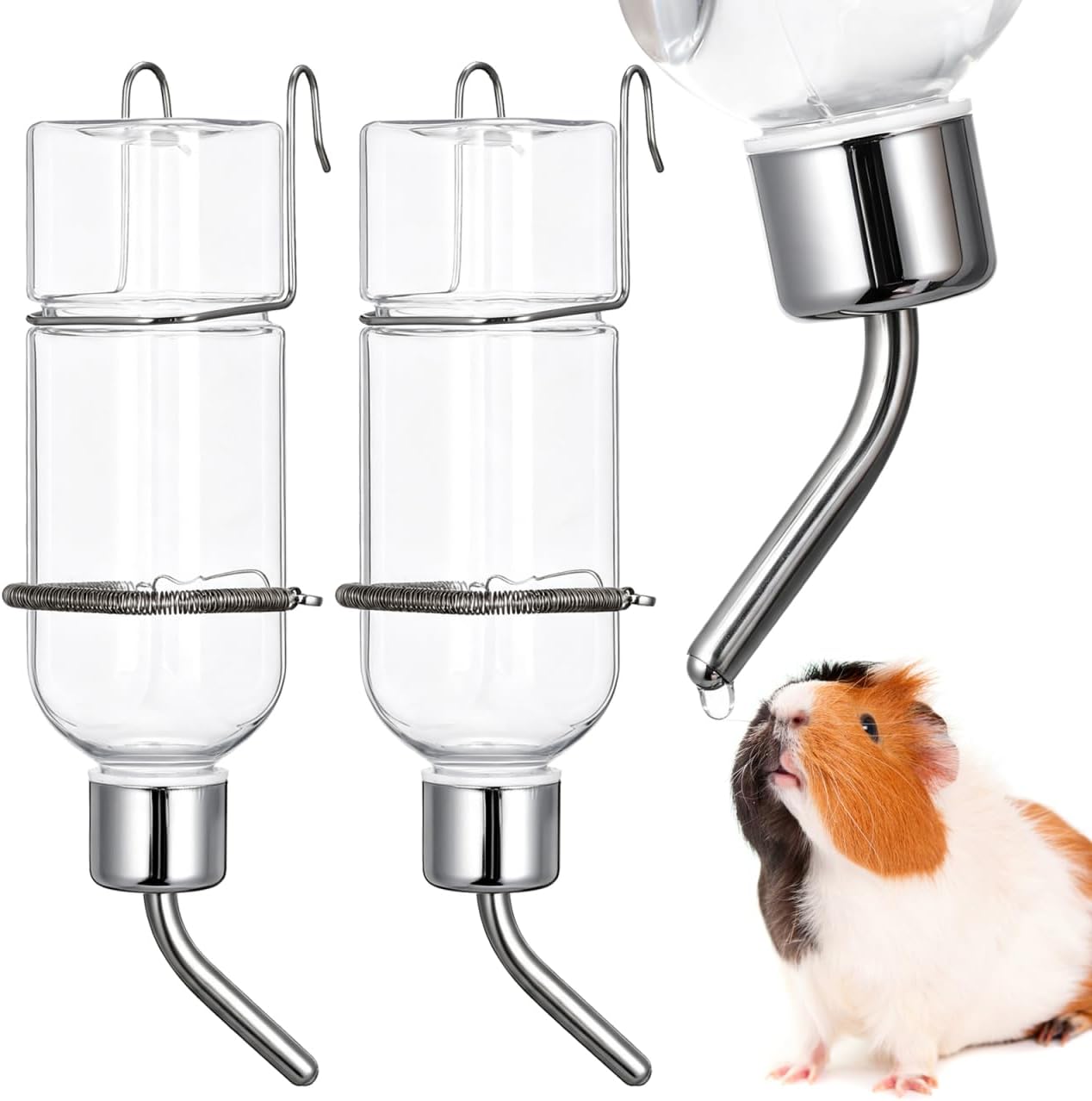 Yardwe Guinea Pig Water Bottle 2 Pcs, Hanging Small Animal Water Dispenser with Stainless Steel Drinking Tube for Rabbits, Hamsters and Ferrets, Transparent
