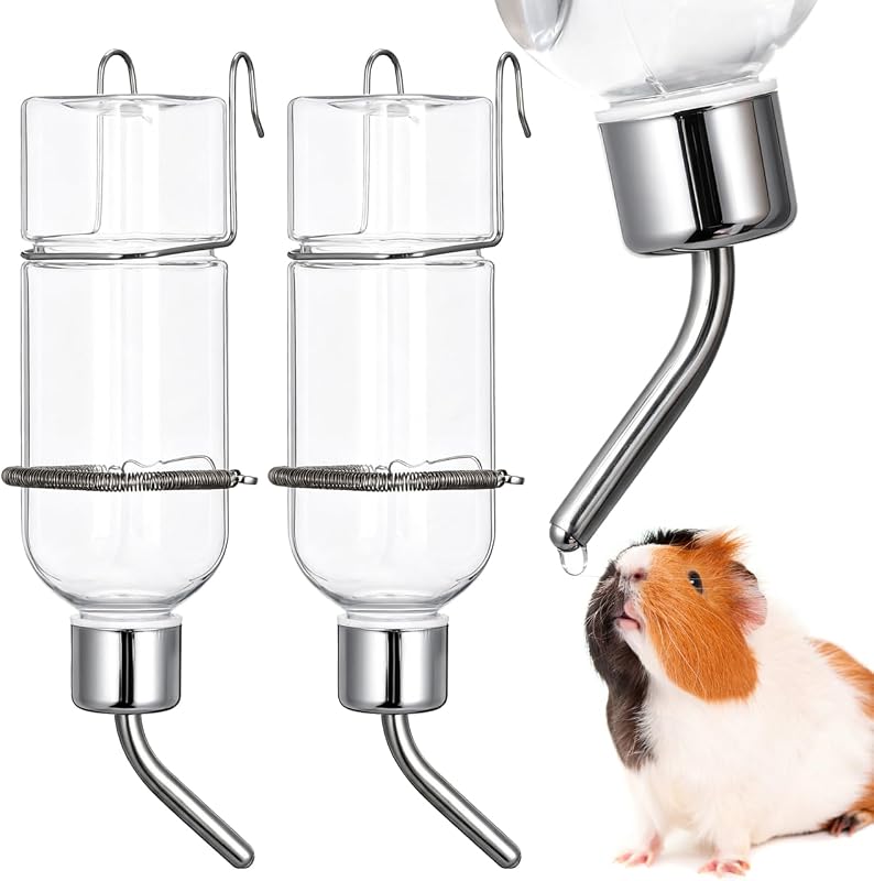 Dispensador de botella de agua para animales pequeños de 2 piezas, dispensador de agua para mascotas de plástico transparente de acero inoxidable de 350 ml, alimentador de fuente para conejo, hámster, cobaya, hurón