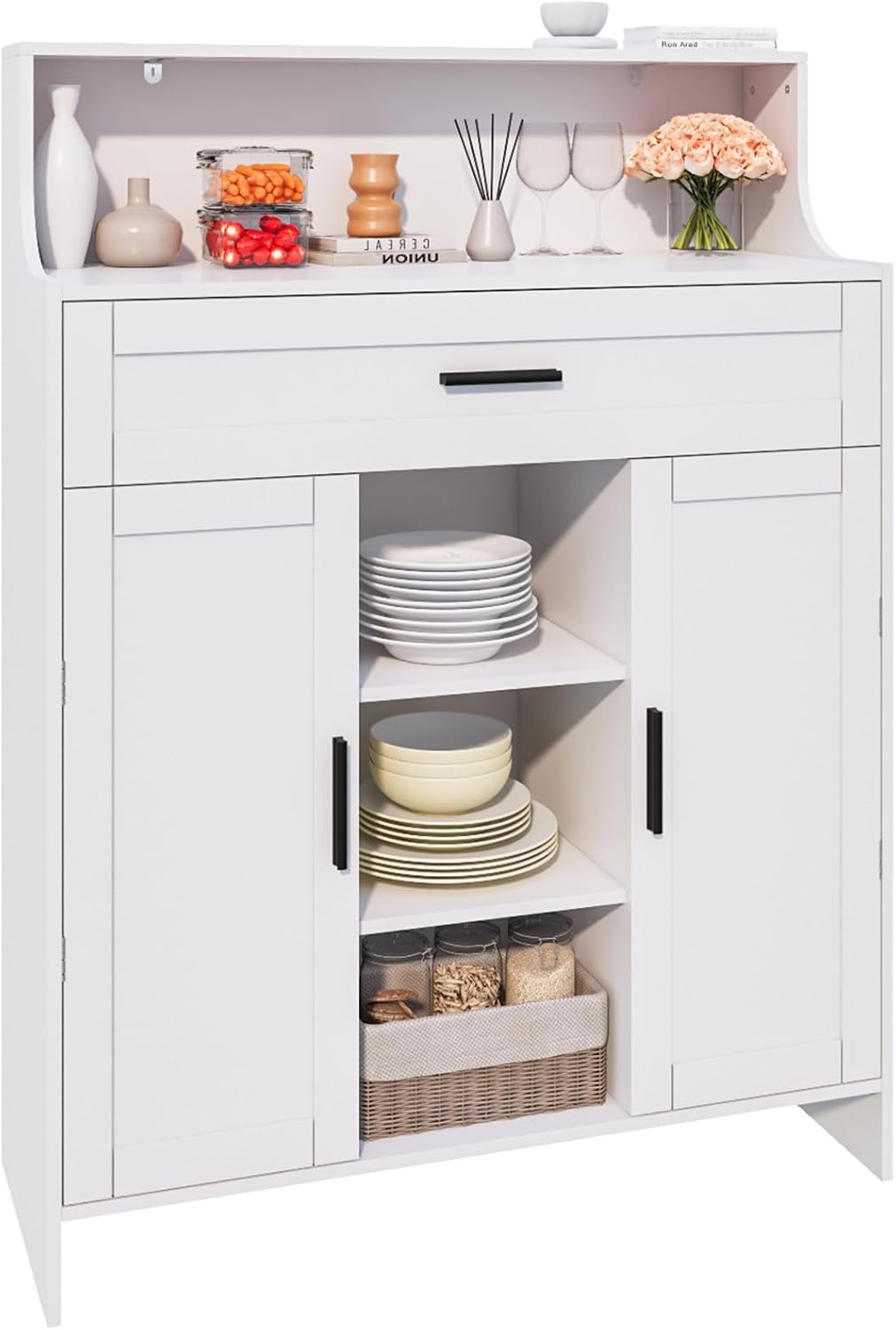 Viaozutis Storage Cabinet with Doors and Drawers, Kitchen Storage Cabinet with 1 Large Drawer,2 Doors,and 2 Adjustable Shelves,for Bathroom/Kitchen/Living Room/Entrance Hall (White)