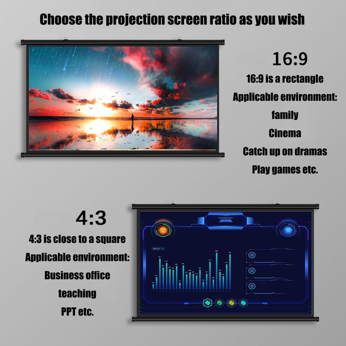 Schermo di proiezione 60 Pollici formato 4:3/16:9, telo proiettore Portatile per videoproiettore Full HD 3D 4K, Home cinema theater ufficio Schermo Proiettore Anti-piega (Size : 72" (4:3))