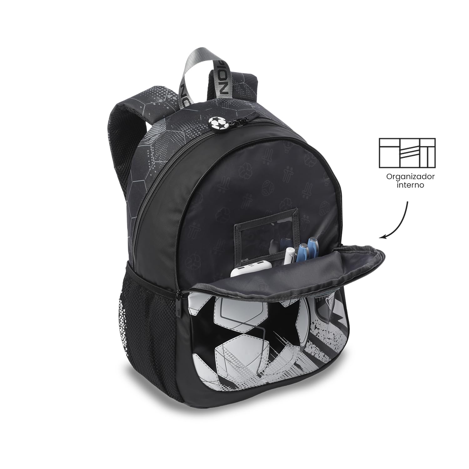 TOTTO - Mochila Escolar, Modelo Champion M, Mochila Mediana, Capacidad 18 L, Compartimento Delantero, Bolsillos Botella, Organizador Interno, Correas Acolchadas, Resistente y Duradera, Estampado Negro
