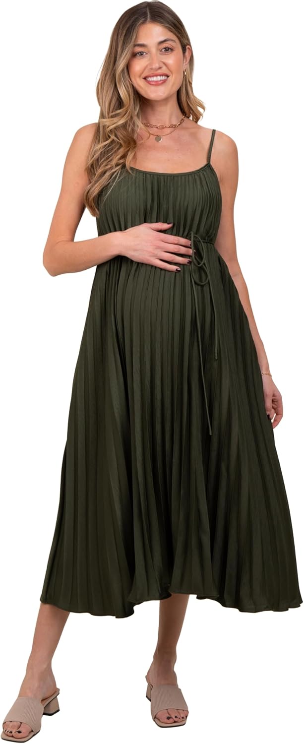 PinkBlush Olive Pleated Sash Tie Maternity Midi Dress