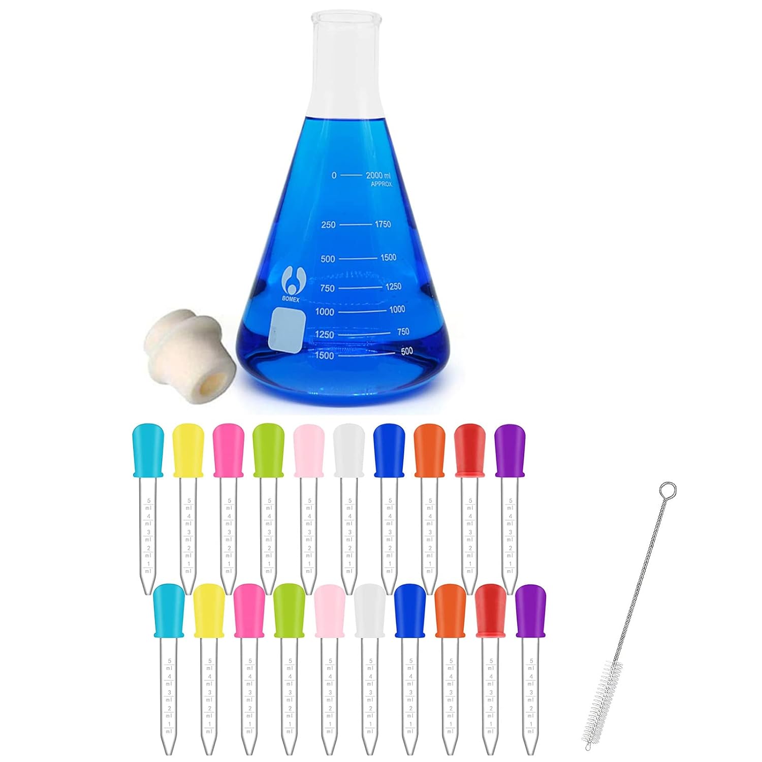 Glass Flask Erlenmeyer Flask Set 2000ml and 20 Pack Pipettes Dropper Liquid droppers 5ml Clear Eye Dropper Silicone