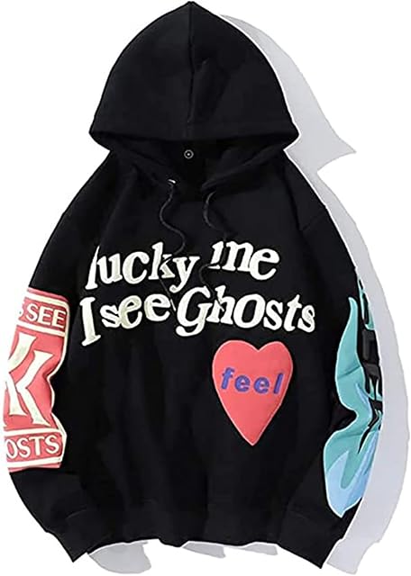 WANGMA Kanye Lucky Me I See Ghosts Print Hooded Hip Hop Long Sleeve Pullover S-4XL