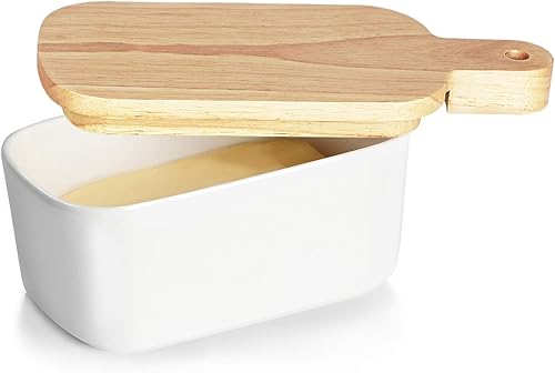 Mantequillera de porcelana - Soporte grande de cerámica con tapa extendida (blanco, 6.5 x 3.9 x 3.14 pulgadas)