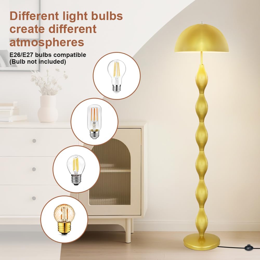 Floor Lamp Creative Mushroom Lamp, Gold Standing Lamp with Foot Switch, Creamy Style Modern Tall Lamp for Living Room, Bedroom, Office, Corner, E26/E27 Bulbs Compatible
