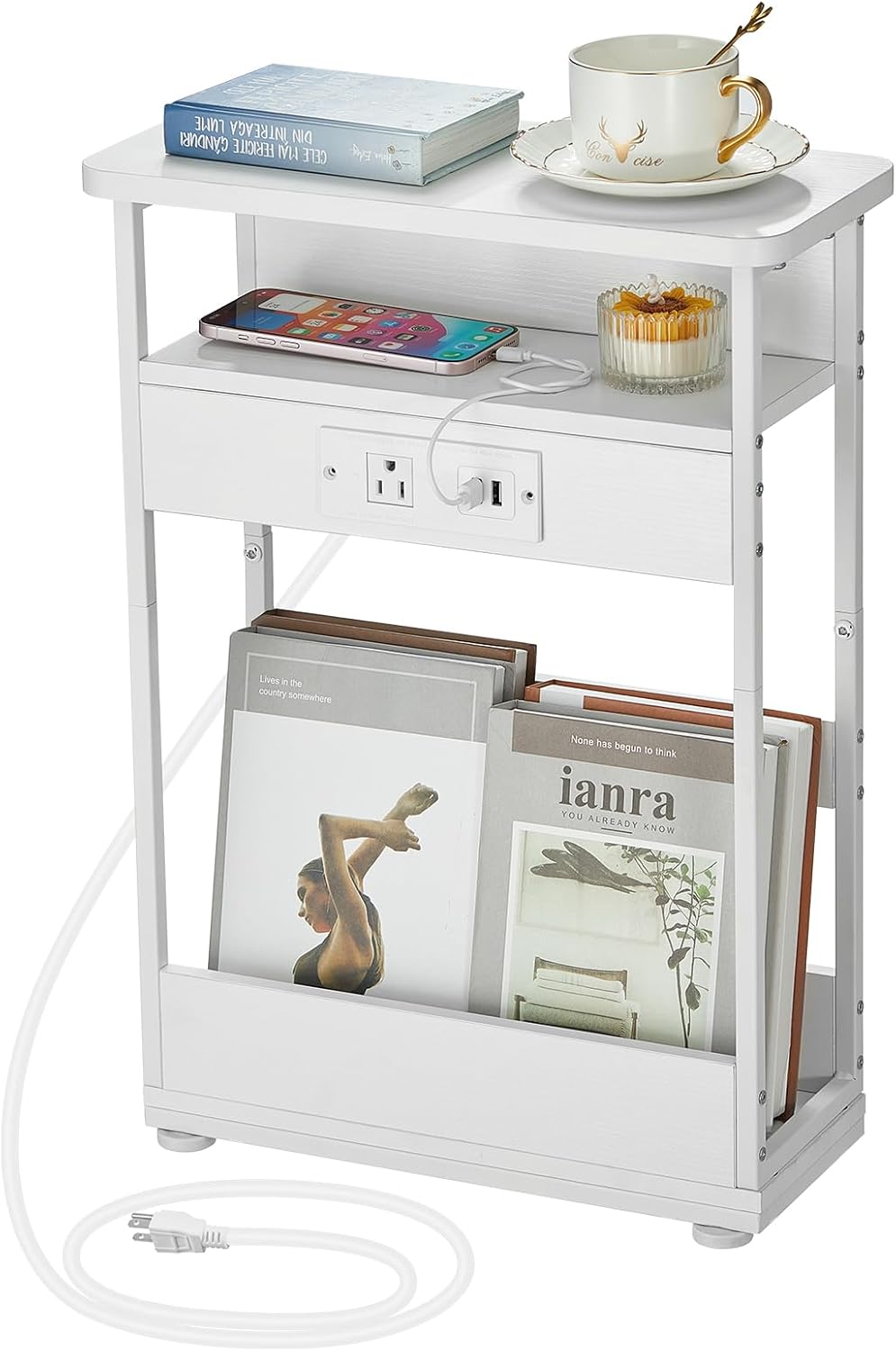 Narrow Side Table with Charging Station, 3-Tier End Table with 2 USB Ports & Power Outlets,Thin Sofa Side Table for Narrow and Small Spaces, Bedside Table Nightstand for Living Room,White