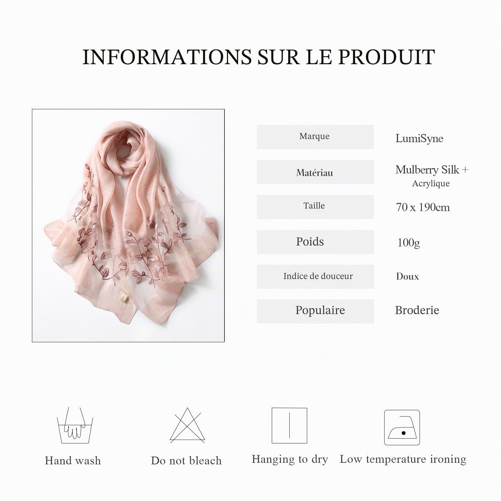 LumiSyne Foulard Soie De Mûrier Femme Écharpe En Mousseline Tulle Transparent Avec Broderie Feuille Léger Doux Écharpe Longue Hijab Châle De Protection Solaire Étole De Mariage Printemps Été Automne