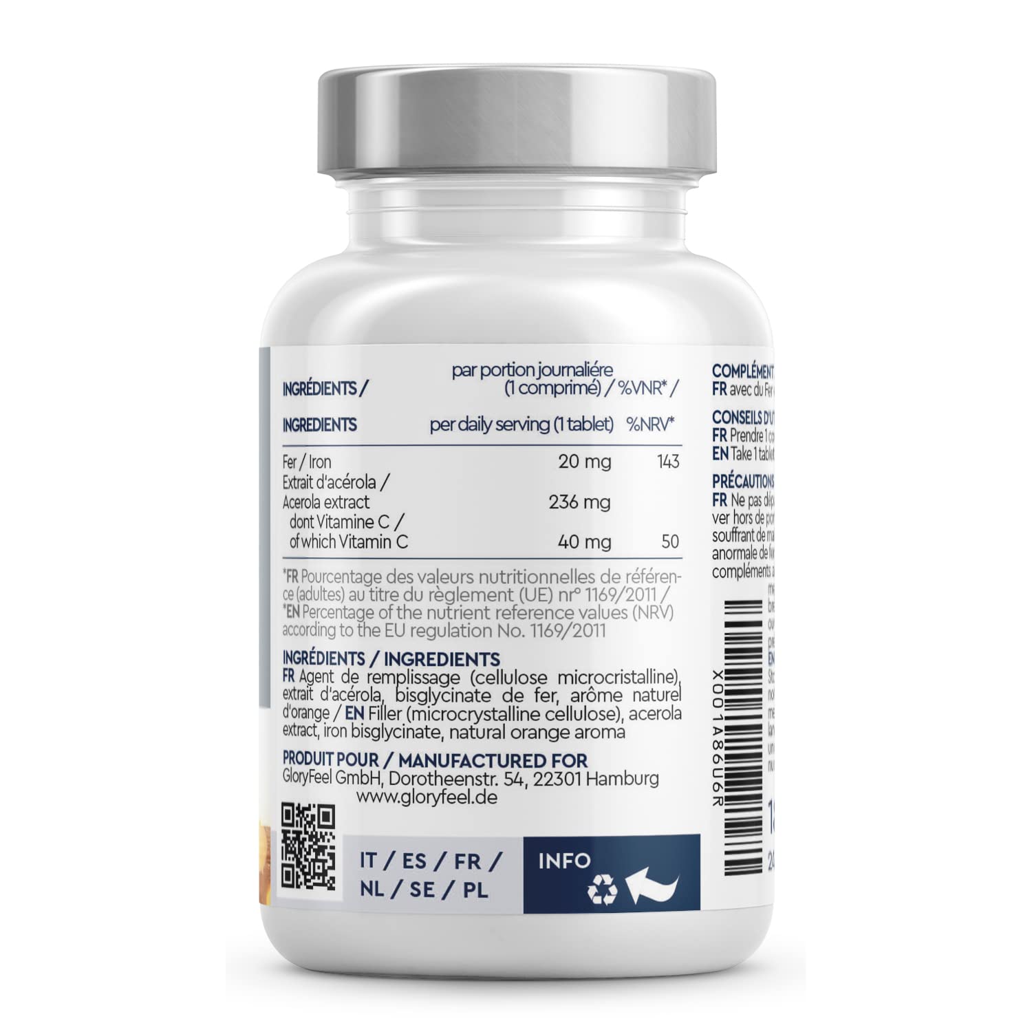 Complément Alimentaire de Fer 20mg + Vitamine C, 240 Comprimés (8 mois), Reconstituant Sanguin, Contre Fatigue Physique et l'Anémie, Hautement Biodisponible, Arôme Naturel D'Orange, 100% Végétalien