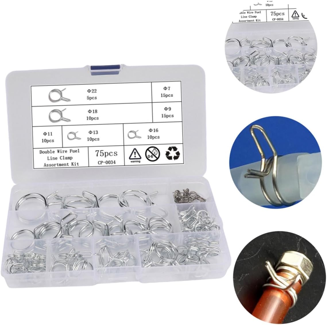 75pcs Double Wire Hose Clamps Assortment Kit Φ6.7-φ23 Carbon Steel Water Line Clips Fasteners for Automotive Fuel and Air Tubing Repairs