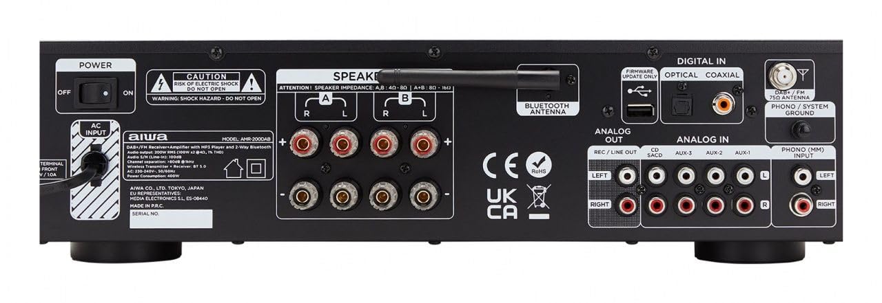 Aiwa AMR-200DAB/BK: Amplificador, Receptor AV Dab+, con Bluetooth 5.0, 200W, Puerto USB, Lector Tarjeta SD. Color: Negro