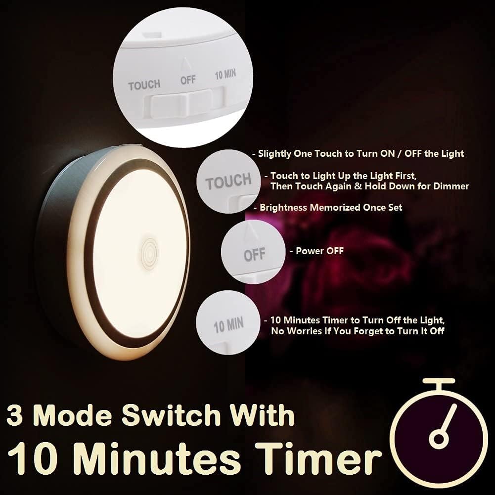 RTSU Rechargeable Touch Light with Timer, Dimmable Kids Baby Nursery Night Light Lamp, Stick-on Anywhere LED Push Tap Light for Closet Cabinet, Brightness Memory, Warm White Light