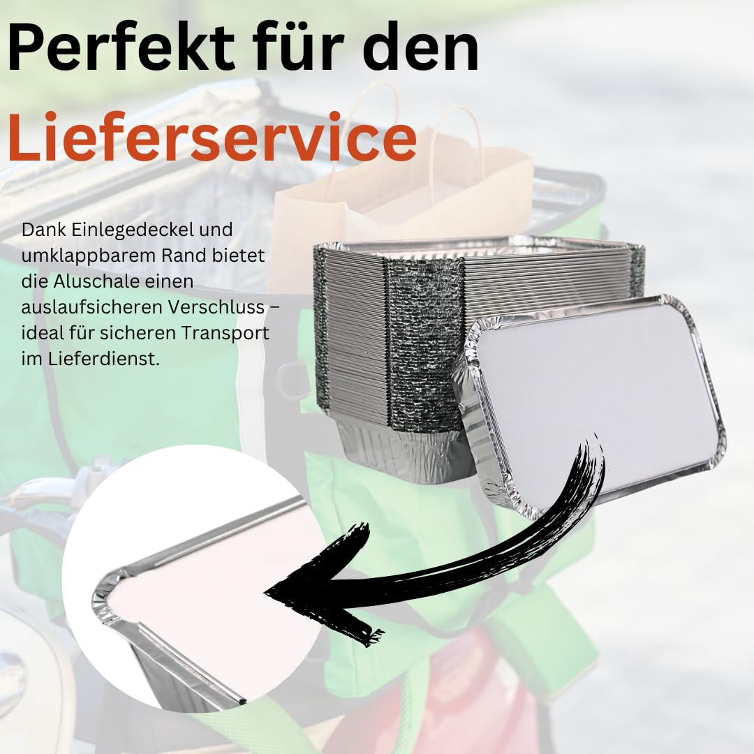 Enpack Aluschale R65-650L - 100 Stück mit Deckel Aluschalen Grill 20x10,5x5 cm - Wärmebehälter- Fettauffangschale als Grill Zubehör, Food Container, kleine Auflaufform - feuerfeste Alu Grillschale