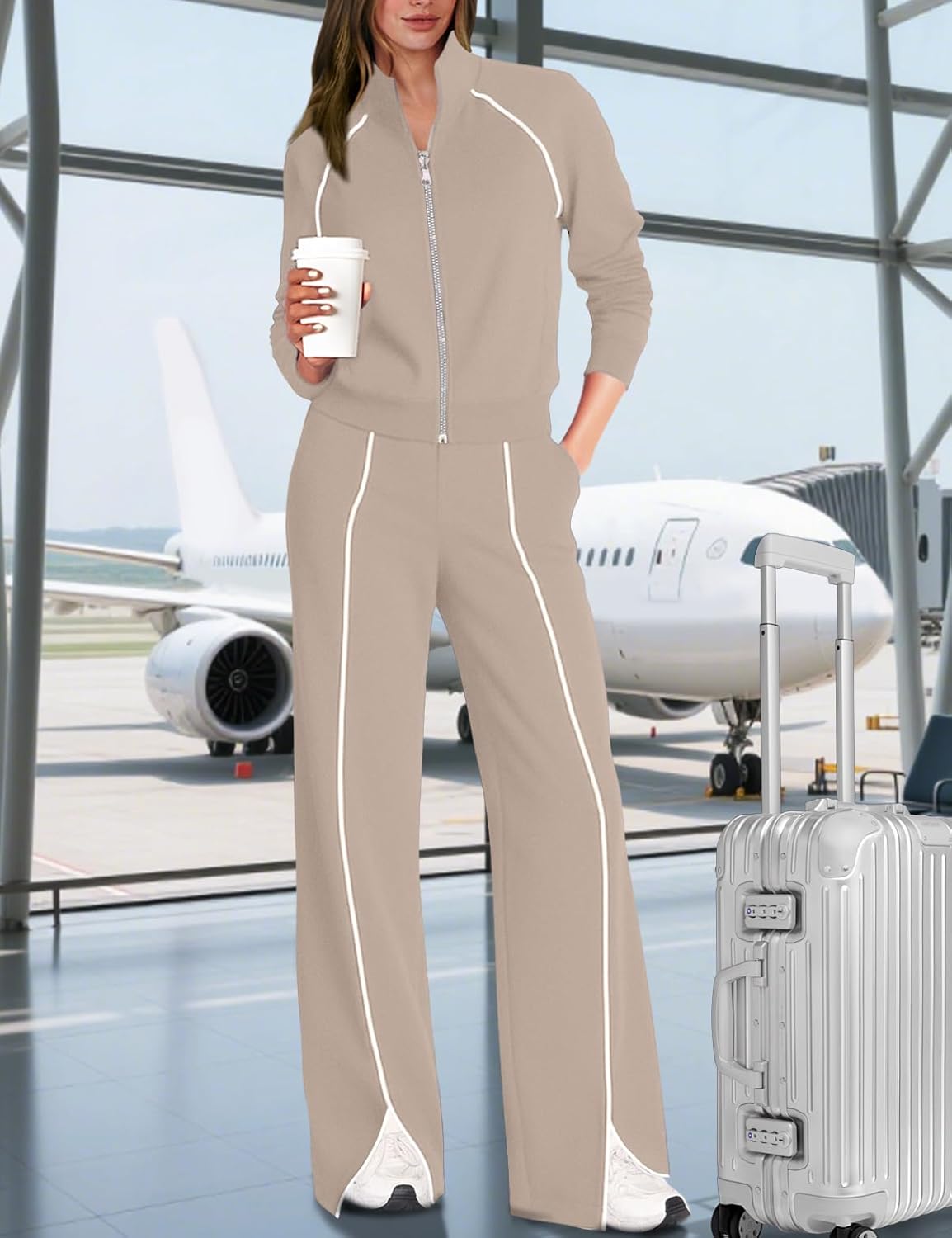 UNIANKIYA Womens 2 Piece Lounge Set Tracksuit Sweatsuits Full Zip Jacket Wide Leg Pants Matching Sets Travel Airport Outfits - Image 2