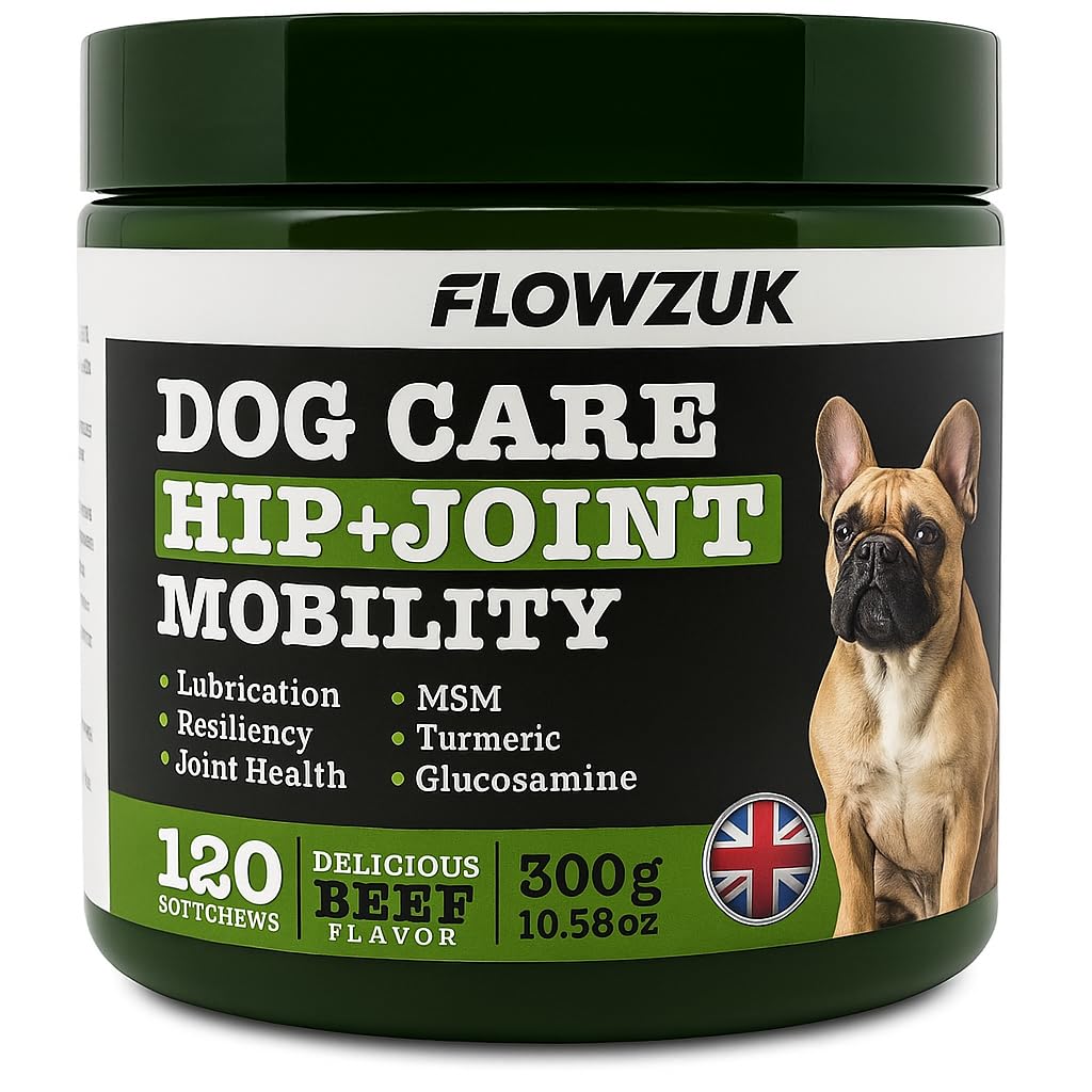 Flowzuk Dog Care Supplement, All-Natural Hip and Joint Supplements for Dogs, Dog Joint Itch Chews with Glucosamine, Turmeric