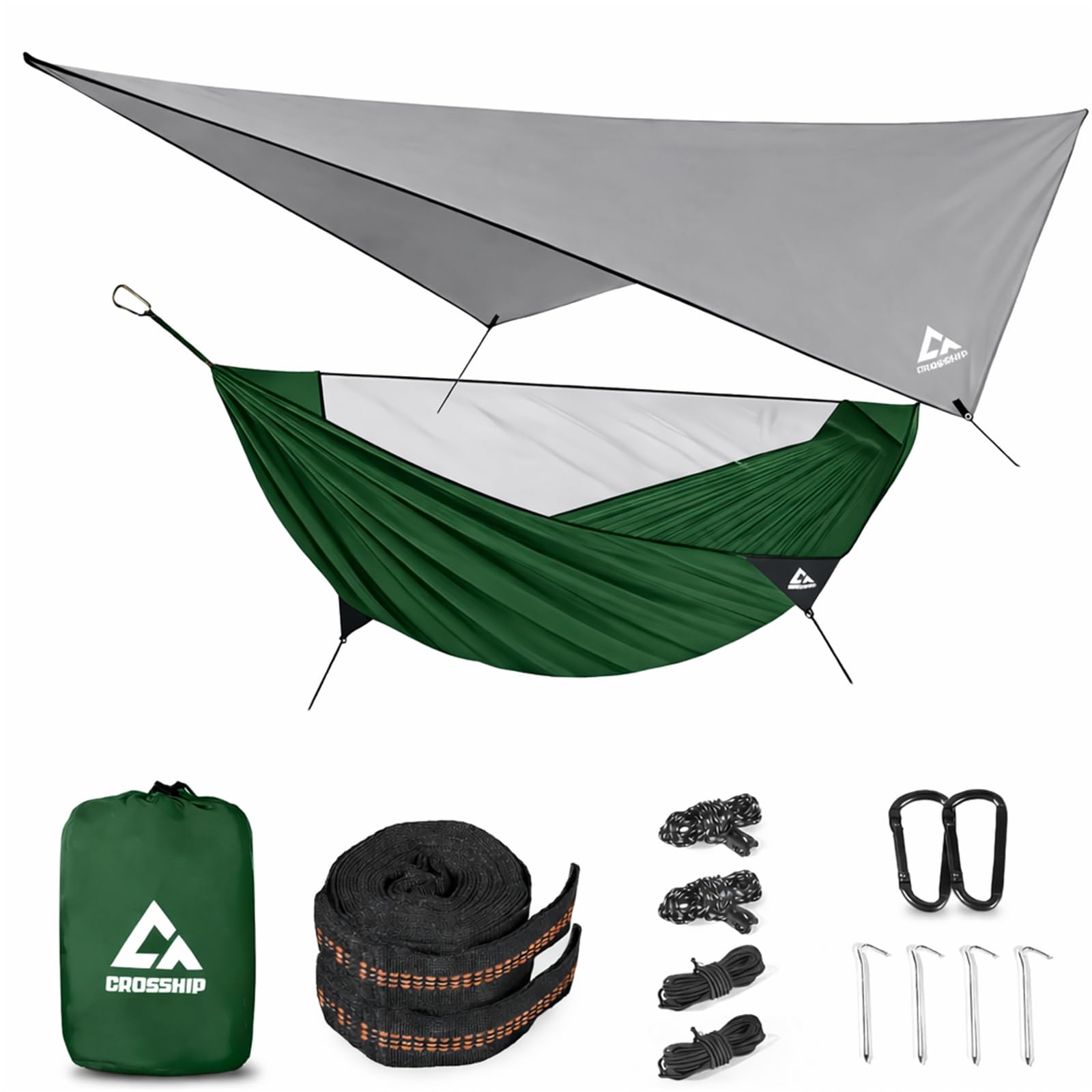 CROSSHIP Camping Hammock with Mosquito Net and RainFly Tarp - 2 Person Hammock, Portable Parachute Nylon Hammock for Outdoor, Hiking, Backpacking, Backyard, Travel (Up to 500lbs) - Forest Green