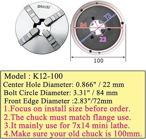 SANOU - Portabrocas autocentrante de 4 mandíbulas - Mini torno de metal de 3.937 in
