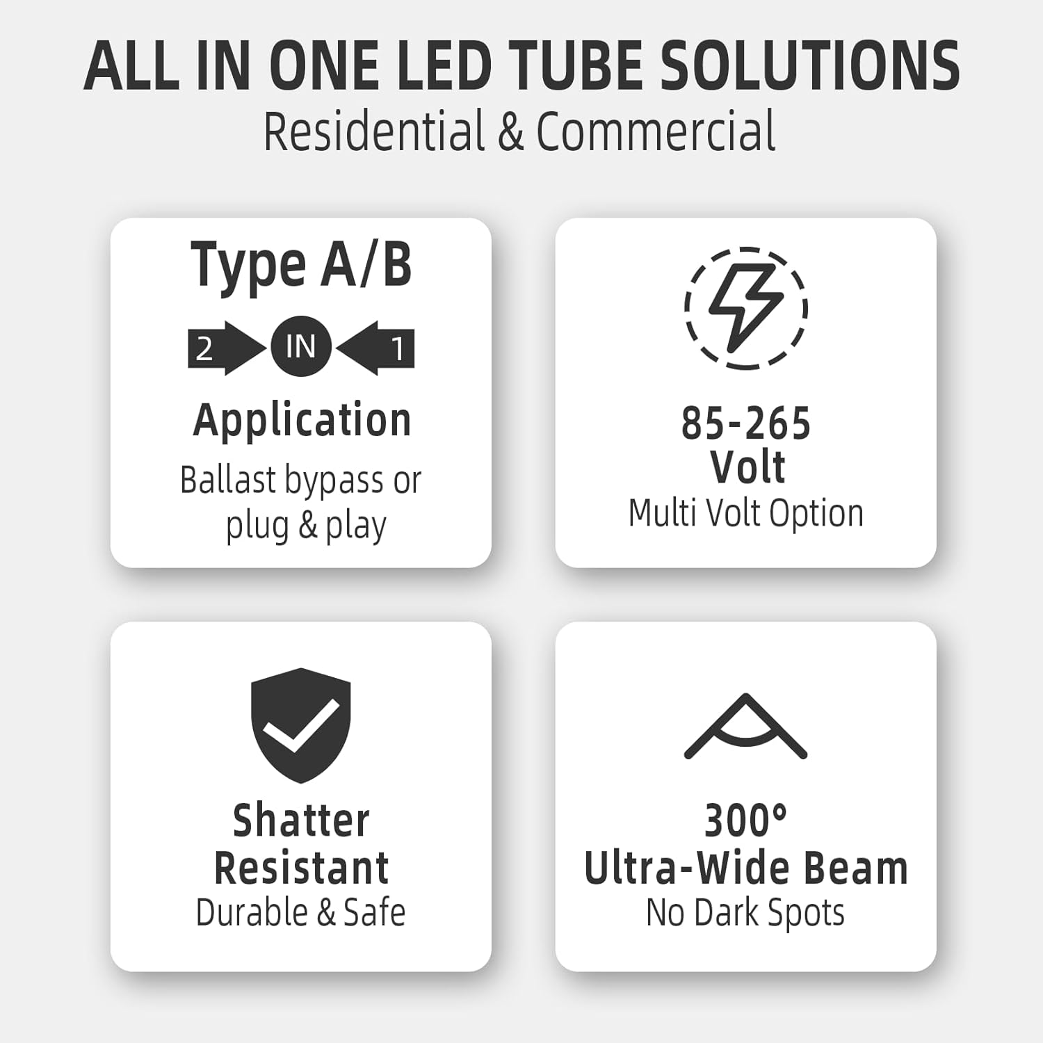 10-Pack T8 LED Bulbs 4 Foot, Type A+B Hybrid Replacement for F32T8 Fluorescent Tube, 14W (32W Equivalent), 5000K Daylight, 2400 Lumens, Shatter Resistant Frosted Cover, G13 Base 5000k 10