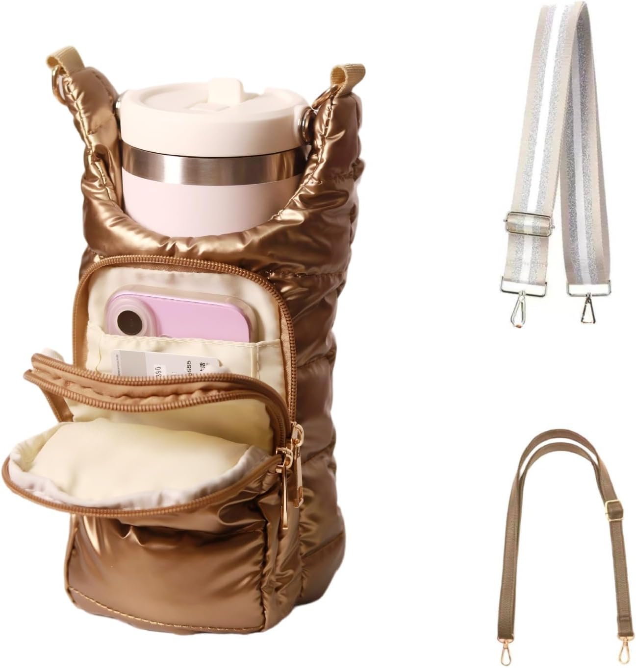 Water Bottle Bag crossbody with Strap,Waterproof Sling Bag for Water Bottle & Phone, Insulated Hands-Free Crossbody Carrier Purse (Gold)