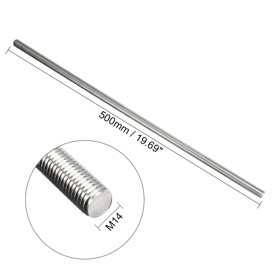 uxcell M14 x 500mm Fully Threaded Rod, 304 Stainless Steel, Right Hand Threads
