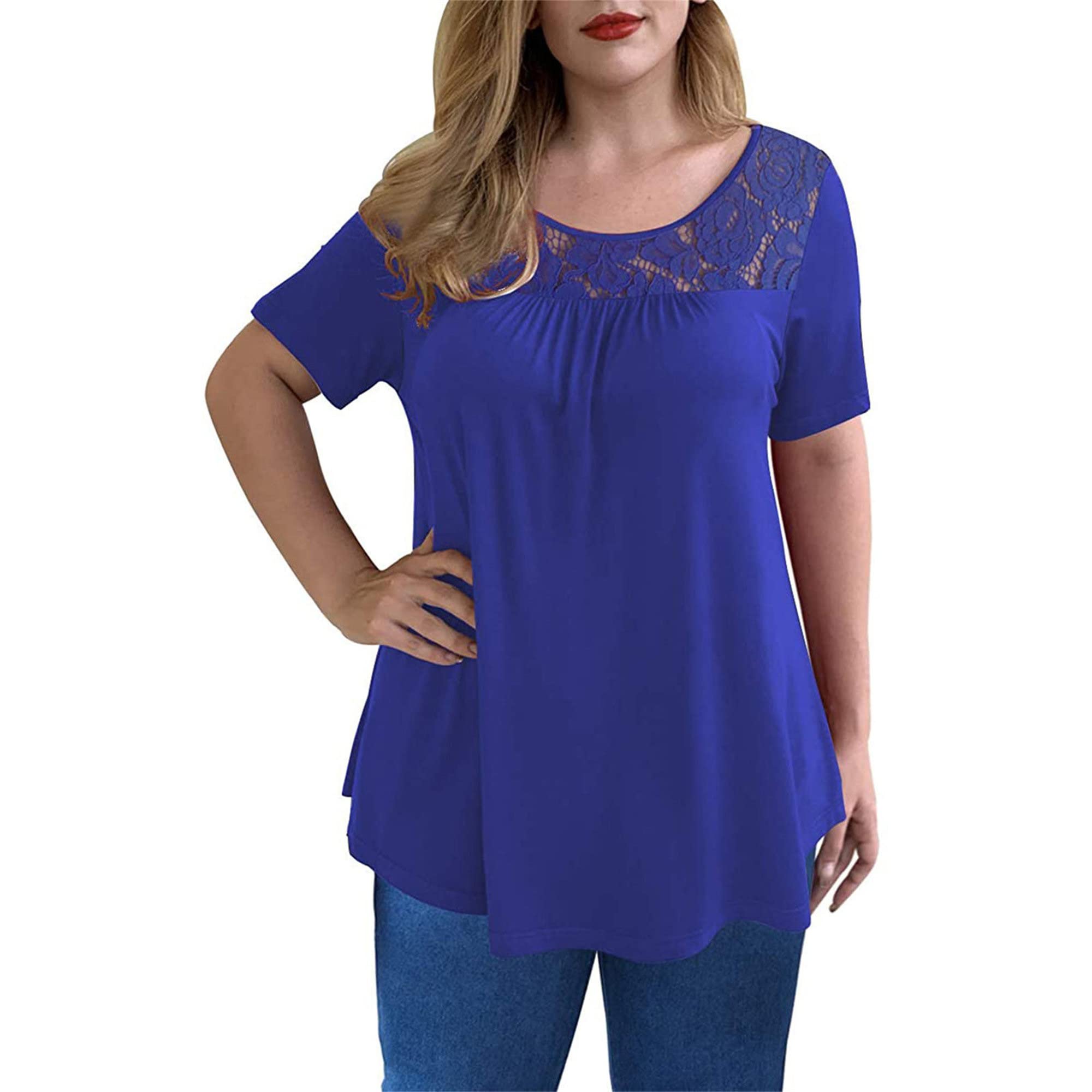 Womens Round Neck Lace T Shirts Summer Loose Casual Short Sleeve Blouse Knit Tshirt Tee Hollow-Out Tops (4X-Large,Blue)