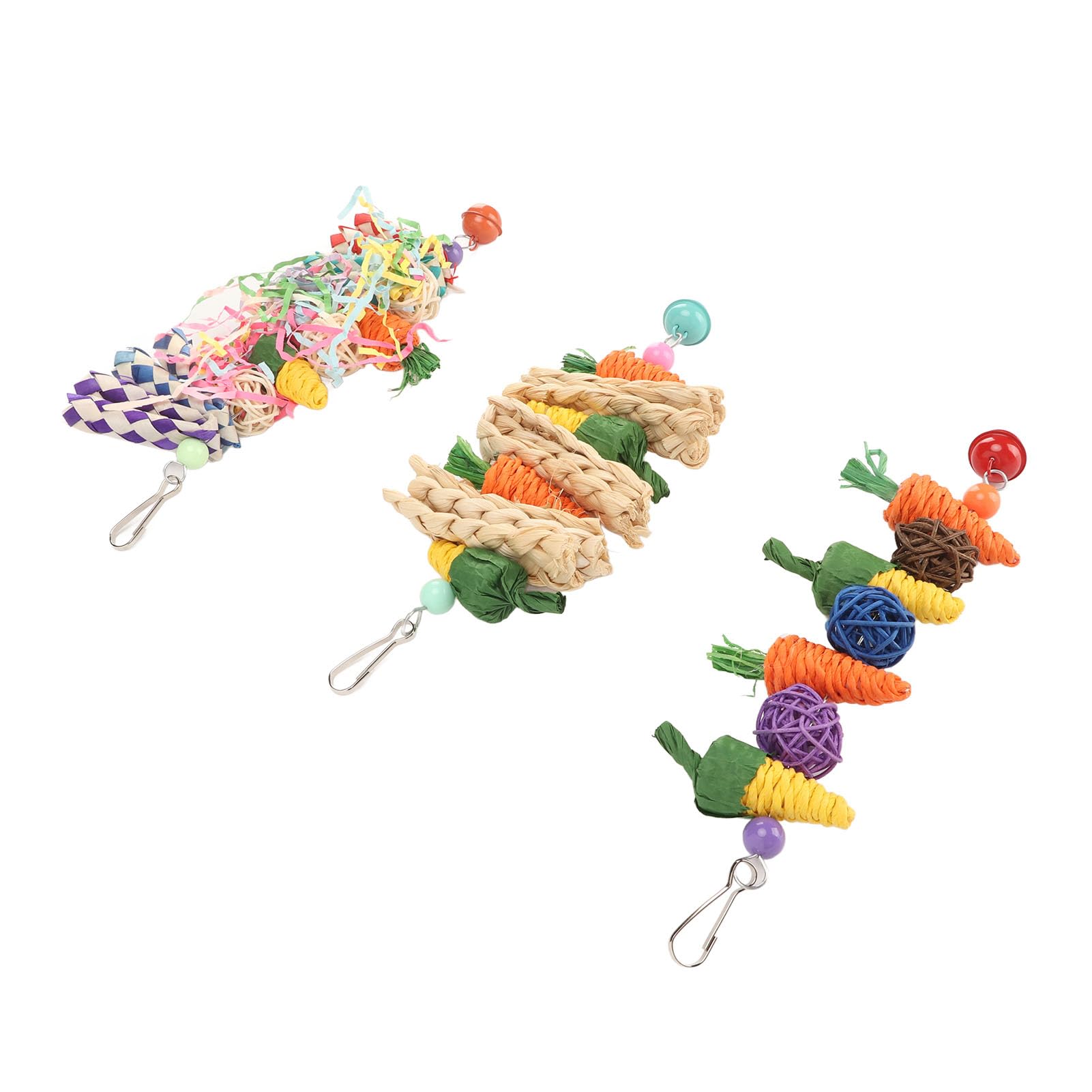 Set da 3 Giochi per Pappagalli Masticabili in Fibra Naturale Carote Intrecciate, Palline di Rattan e Giocattoli Sospesi per Budgie, Cocorite, Conuri
