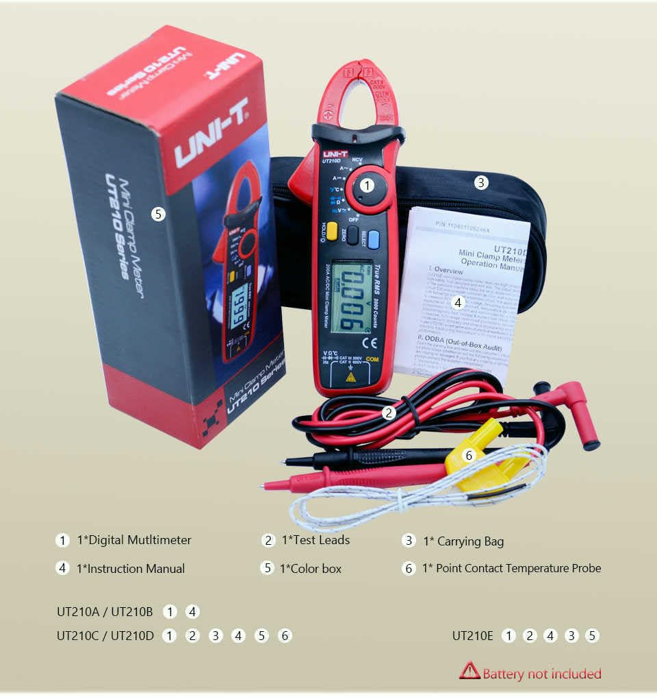 UNI-T Uni-Trend Multimeter clamp Meter Digital clamp Meter UT210A/B/C/UT210D/UT210E True RMS Multimeter Capacitor Frequency Resistance Tester Voltmeter Current Clamps(UT210C)