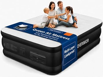CHERIMOR Air Mattress Queen with Built in Pump, Inflatable Blow Up Mattress 18" Raised, Multi-Layer Leakproof, Heavy-Duty Support 800 lbs, Air Bed Queen Size for Home Guests Camping, 3-Min Inflation