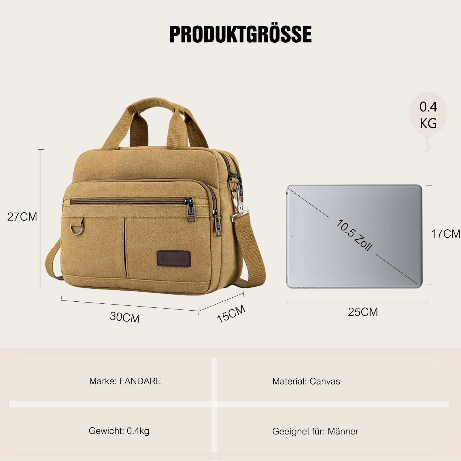 FANDARE Retro Aktentasche Herren Canvas Büro-Tasche Umhängetasche für 12,9-Zoll-Laptops Dokumententasche Mappe mit mehreren Fächern für Reisen Beruf Berufstätige & Geschäftsleute Messenger Bag