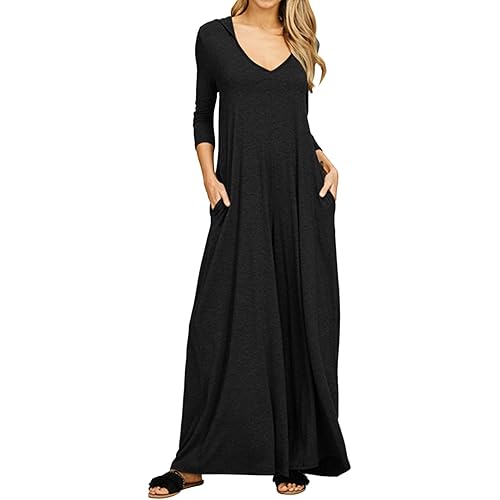 Jacansi Women's V-Neck Casual Long Sleeve/Short Sleeve Maxi Dress Hoodie Pocket Dress