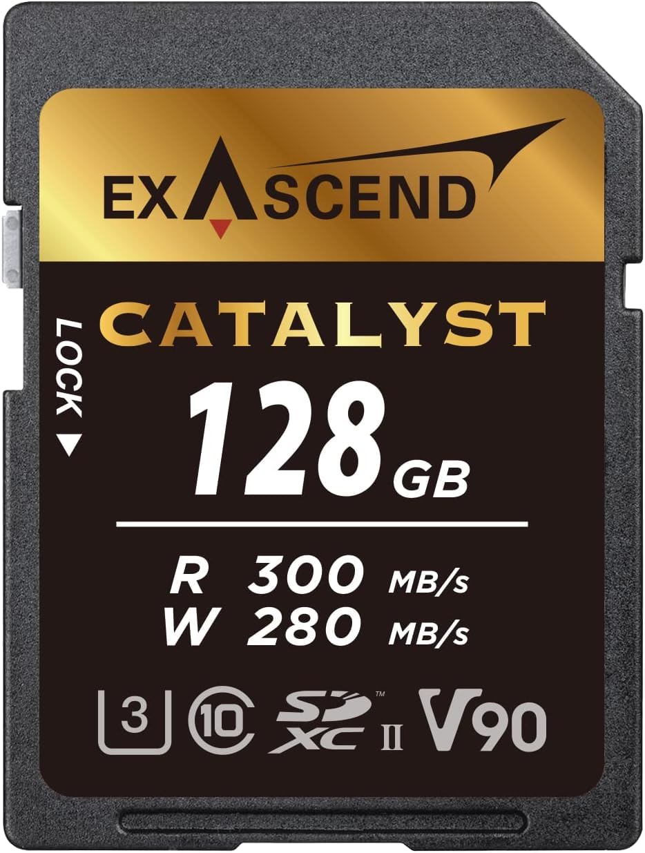 Exascend Catalyst - Tarjeta de Memoria SDXC UHS-II V90 SDHC de 300 MB/S, 128 GB, Calidad cinematográfica, 8K UHD de hasta 280 MB/s, velocidades de Escritura, 300 MB/s de Lectura UHS-II, Clase 10, U3