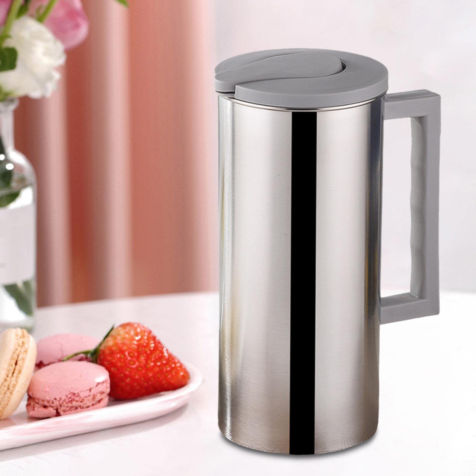 Jarra de Agua Metálica de 1, con Tapa Y Asa, Jarra de Agua, Jarra de Leche Metálica, Hervidor de Agua Fría para El Hogar, Cafetería, Restau, Gris