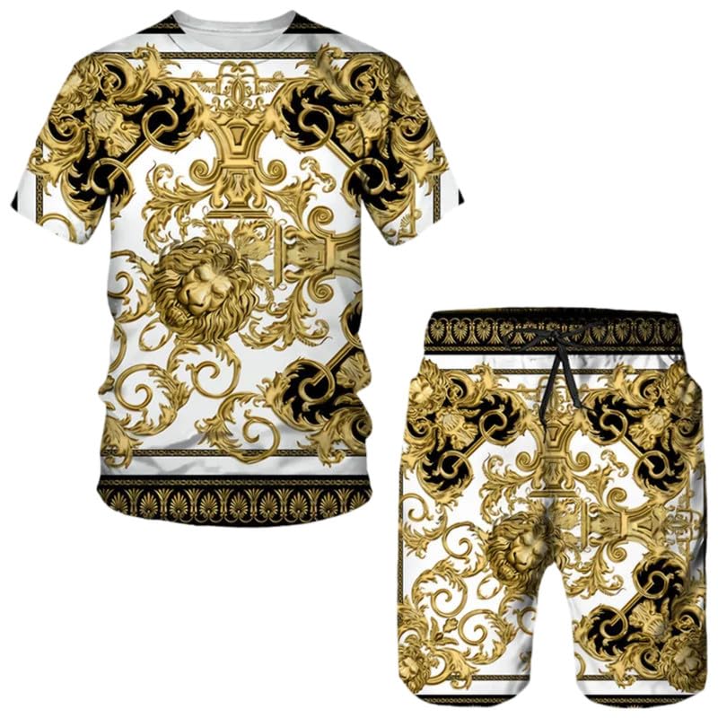 Estate 3D Catena d'oro Stampata T-Shirt barocca + Pantaloncini da Spiaggia Stile Tuta Uomo Manica Corta