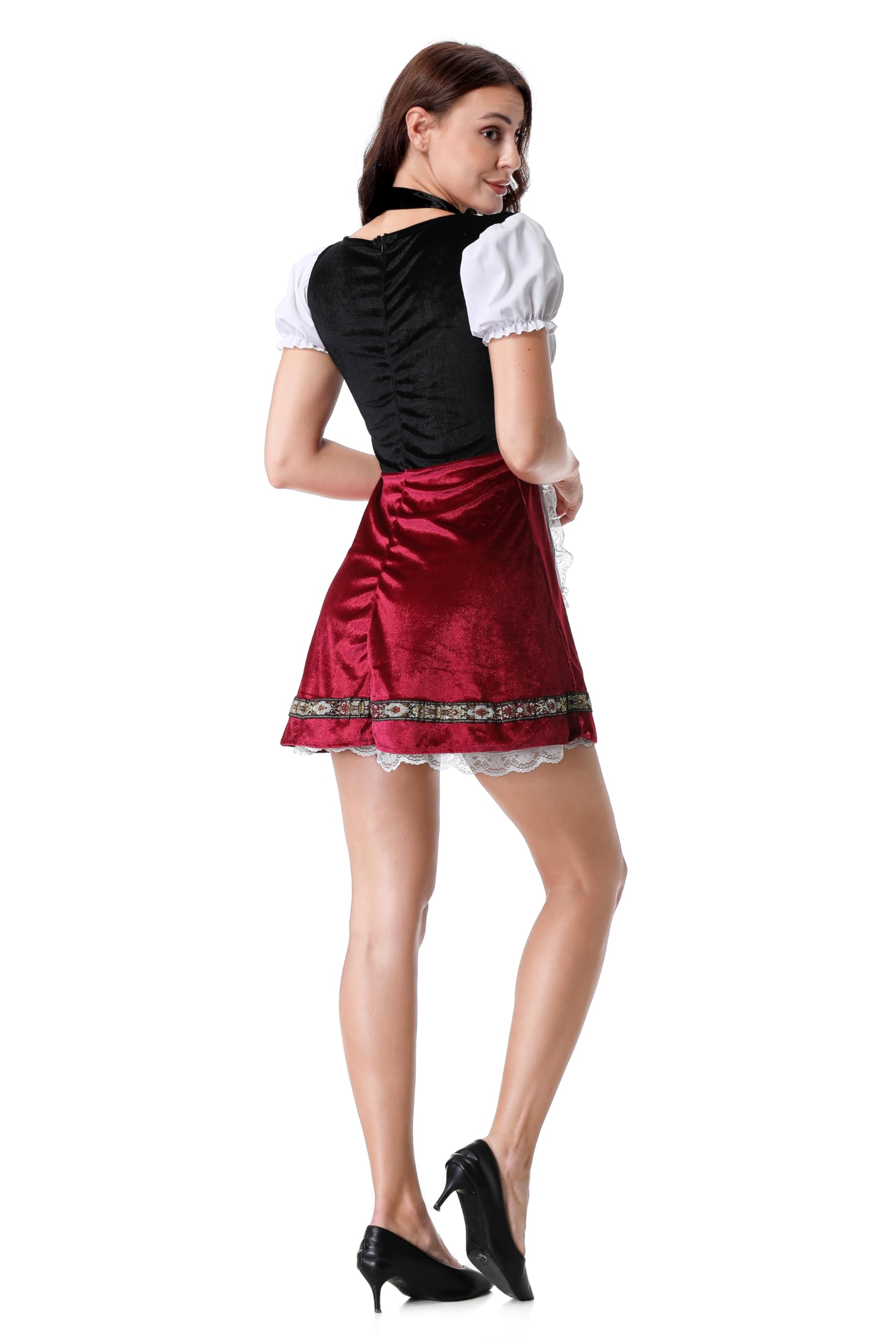 HAPNBCELE Women Oktoberfest Costume Adult German Bavarian Dirndl Velvet Puff Sleeve Red Beer Dress Halloween Carnival Cosplay S - Image 3