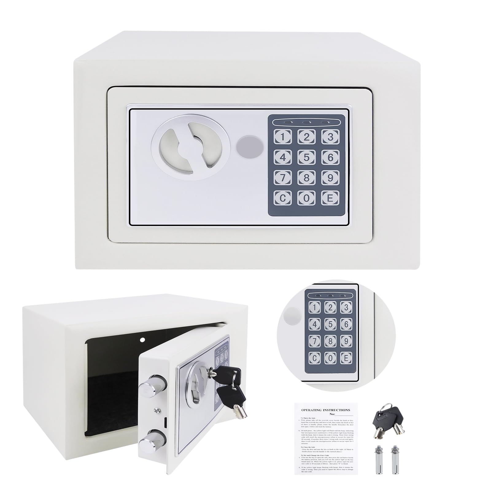 Safebox for Home, High Security Safe, Electronic Safe 4.6L Small Home Office Digital Safe with Digital Keypad and 2 Keys, Wall Floor Mounted Steel Lock Box, 23 X 17 X 17 CM, White